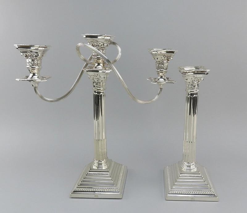 Great c1900 English Silver-Plated Set 4 Candlesticks w/ 2 Candelabra Tops 15" - 2