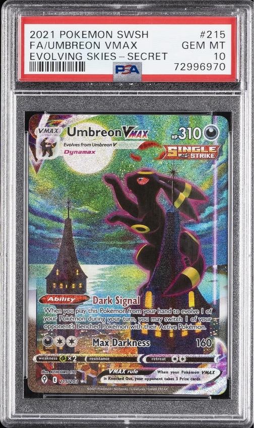 2021 POKEMON SWORD & SHIELD EVOLVING SKIES SECRET FULL ART/UMBREON VMAX PSA 10: Condition: Graded - PSA 10: Professionally graded ,Graded: Yes,Set: 2021 POKEMON SWORD & SHIELD EVOLVING SKIES,Game: PokÃƒÂ©mon TCG,Character: FULL ART/UMBREON VMAX,Card Name: FULL