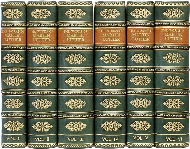 1943 Works of Martin Luther The Great Reformer Fine Leather Bindings Scarce: Description: Fine Leather Bindings. THE PHILADELPHIA EDITION. 6 vols., 8-5/16" x 6-1/16", bound in 1/4 green calf, ribbed gilt decorated spines, gilt lettered brown morocco spine labels, top edges gil