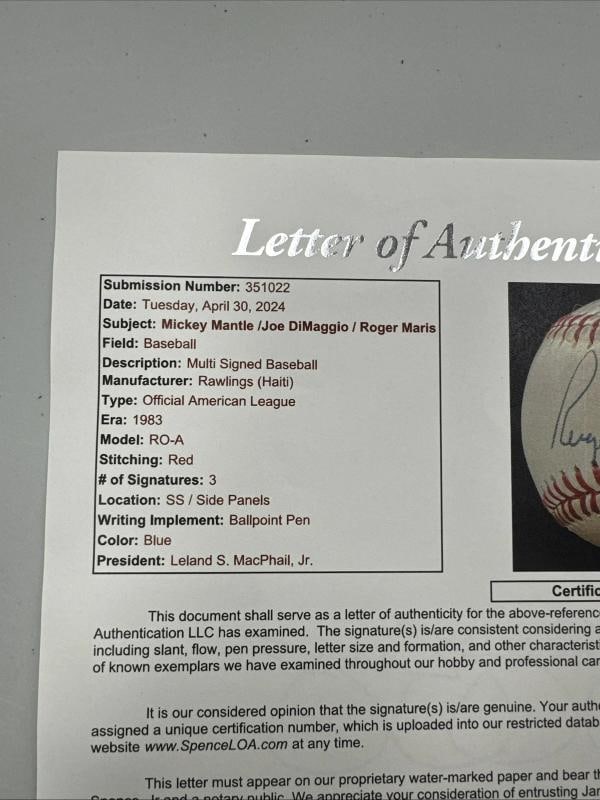 Roger Maris Mickey Mantle & Joe Dimaggio Signed American League Baseball JSA COA - 7