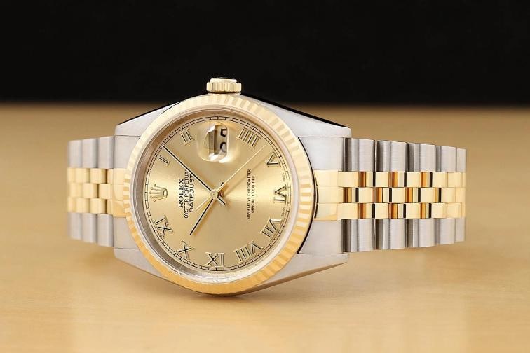 ROLEX MENS DATEJUST 16233 CHAMPAGNE ROMAN 18K GOLD STEEL NO HOLES TWO TONE WATCH - 2