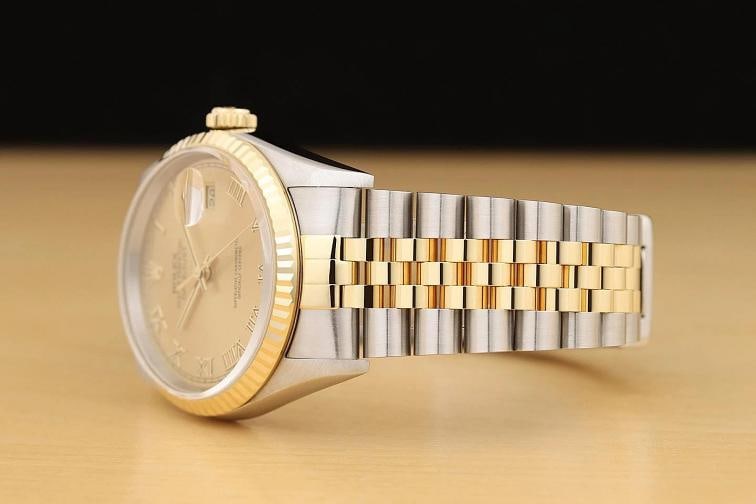 ROLEX MENS DATEJUST 16233 CHAMPAGNE ROMAN 18K GOLD STEEL NO HOLES TWO TONE WATCH - 4