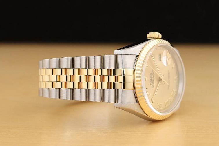 ROLEX MENS DATEJUST 16233 CHAMPAGNE ROMAN 18K GOLD STEEL NO HOLES TWO TONE WATCH - 7