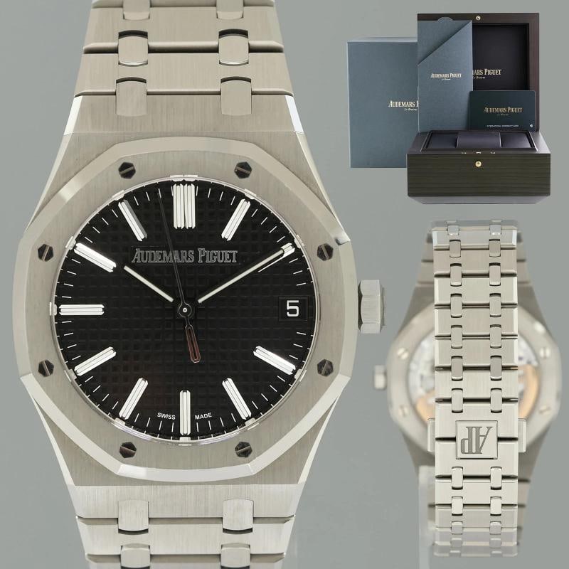 2025 PAPERS MINT AUDEMARS PIGUET 15510ST BLACK DIAL 41MM WATCH BOX: Case & Dial Case Material: Audemars Piguet Stainless Steel Case Size: 41mm Bezel: Audemars Piguet Steel Crystal: Audemars Piguet Sapphire Dial: Audemars Piguet Black Movement & Bracelet Movement: Aude