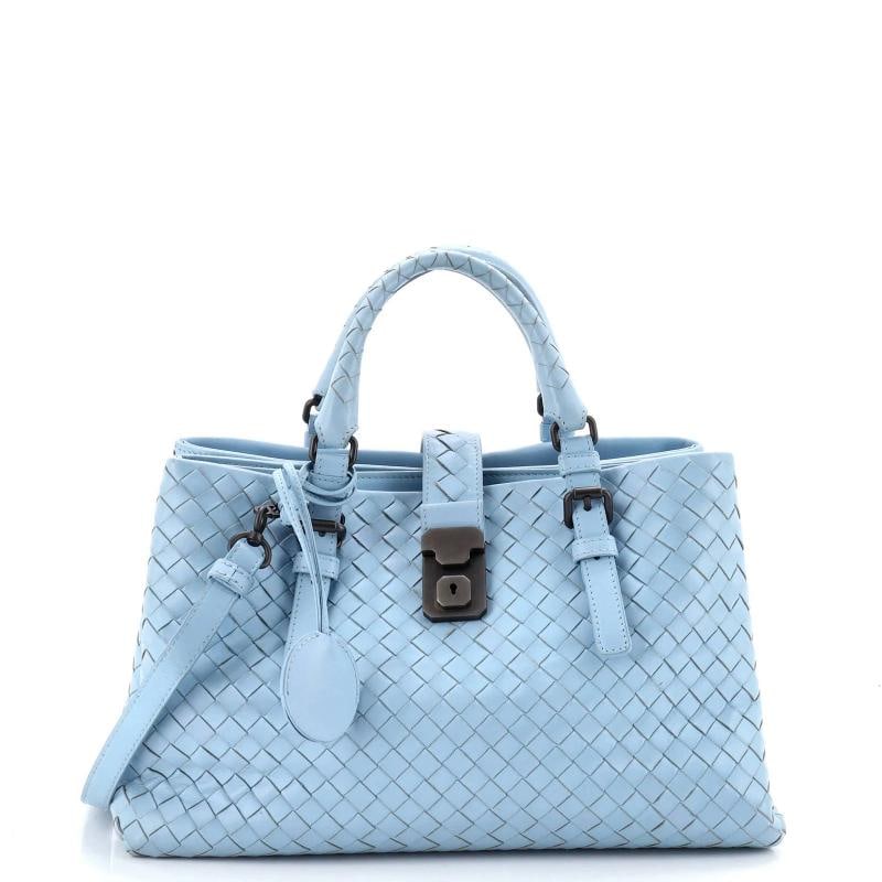 Bottega Veneta Roma Bag Intrecciato Nappa Small: Condition: Pre-owned - Good,Brand: Bottega Veneta,Exterior Material: Leather,Style: Totes,Exterior Color: Blue,Department: Women,Size: Small,Accessories: Dust Bag, Clochette, Keys Estimated Retail Pri
