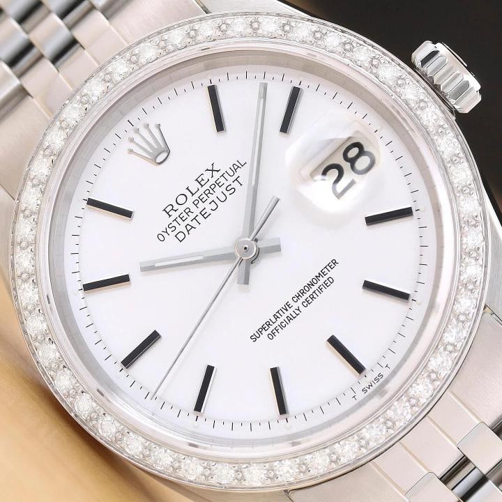 ROLEX DATEJUST 1601 18K WHITE GOLD STEEL WHITE DIAMOND DIAL JUBILEE BAND WATCH: This is an authentic Rolex Datejust 1601 watch with Rolex stick dial Ref., custom 18K white gold diamond bezel, and custom stainless steel jubilee bracelet. Descriptions: Brand: Rolex Model: Datejust 
