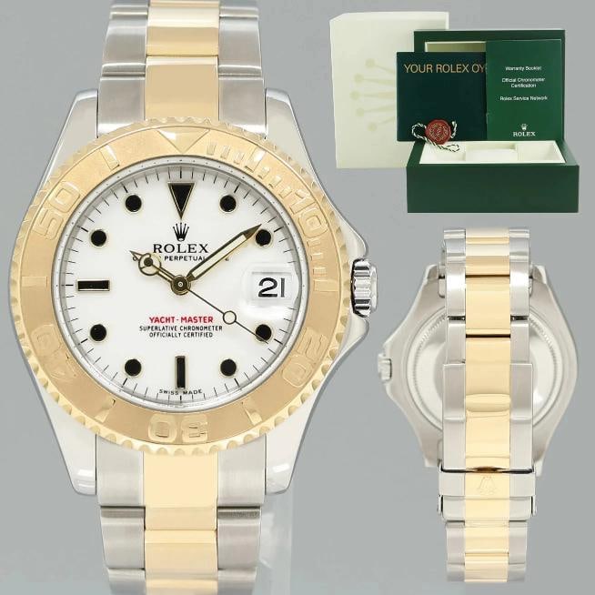 MINT Ladies Rolex Yacht-Master 168623 35mm Yellow Gold Two Tone White Watch Box: Case & Dial Case Material: Rolex Two-Tone Yellow Gold & Stainless Steel Case Size: 35mm Bezel: Rolex Yellow Gold Crystal: Rolex Sapphire Dial: Rolex White Movement & Bracelet Movement: Rolex Automatic