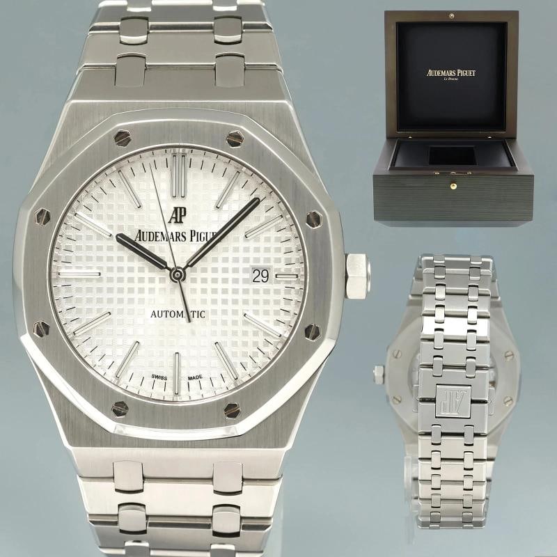 Serviced in 2026 Audemars Piguet Royal Oak 41mm Steel 15400ST White Watch Box: Case & Dial Case Material: Audemars Piguet Stainless Steel Case Size: 41mm Bezel: Audemars Piguet Stainless Steel Crystal: Audemars Piguet Sapphire Dial: Audemars Piguet White Grand Tapisserie Movemen