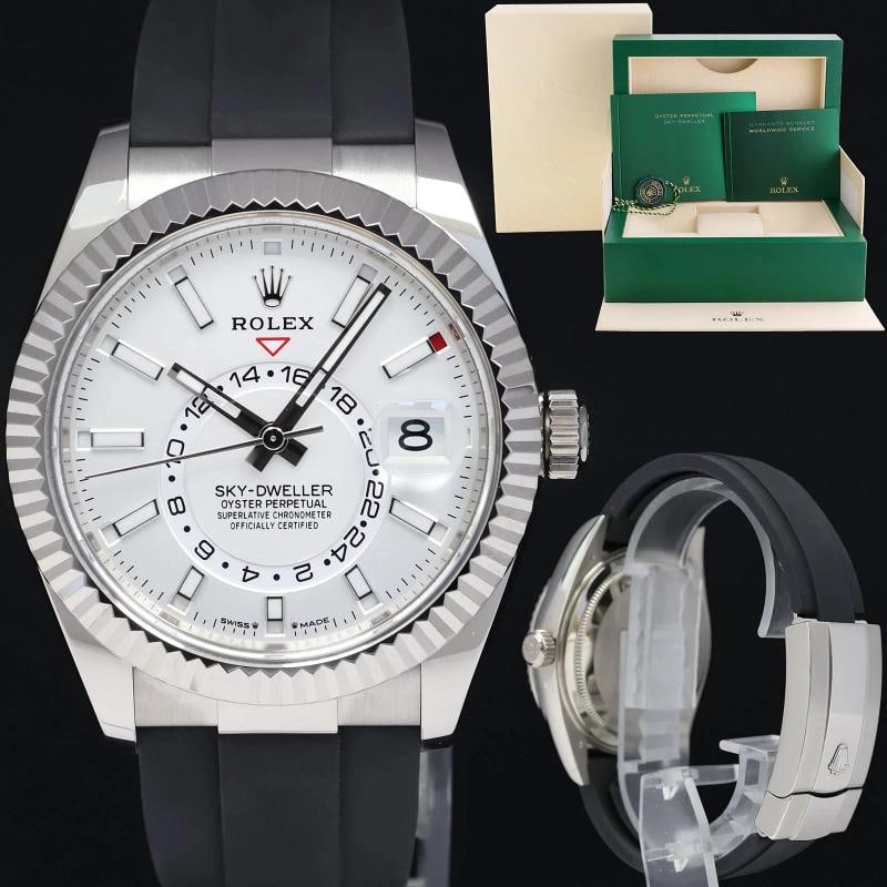 2023 Mint Rolex White Sky-Dweller White Gold Oysterflex 336239 Watch Box: Case & Dial Case Material: Rolex White Gold Case Size: 42mm Bezel: Rolex White Gold Fluted Crystal: Rolex Sapphire Dial: Rolex White Movement & Bracelet Movement: Rolex Automatic Bracelet Design: Role