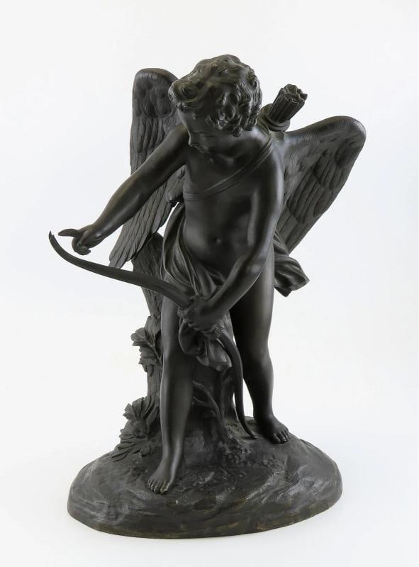 Impressive Mid/Late 1800s French Bronze Statue of Cupid Stringing His Bow: a fantastic quality antique bronze statue of Cupid, dating to circa 1850-1900. The bronze is likely of French origin, but as it is unsigned we aren't certain. The bronze depicts a classical winged Cup
