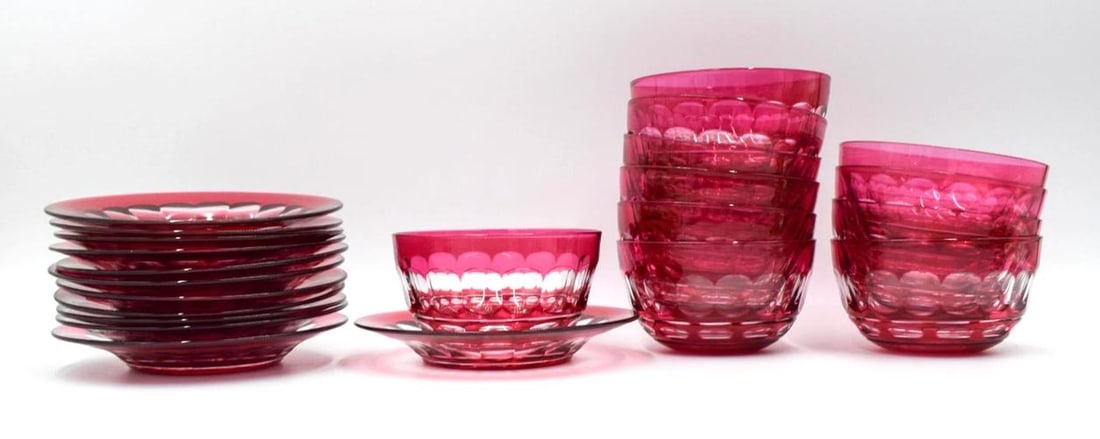 Rare Set of 11 Val Saint Lambert Cranberry Cut to Clear Bowl & Underplates - 3