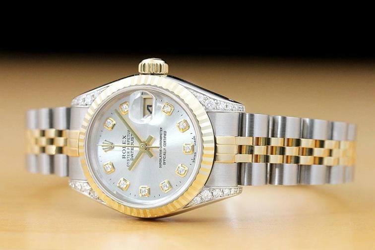 ROLEX LADIES DATEJUST SILVER DIAL 18K GOLD STEEL DIAMOND LUGS QUICKSET WATCH - 2