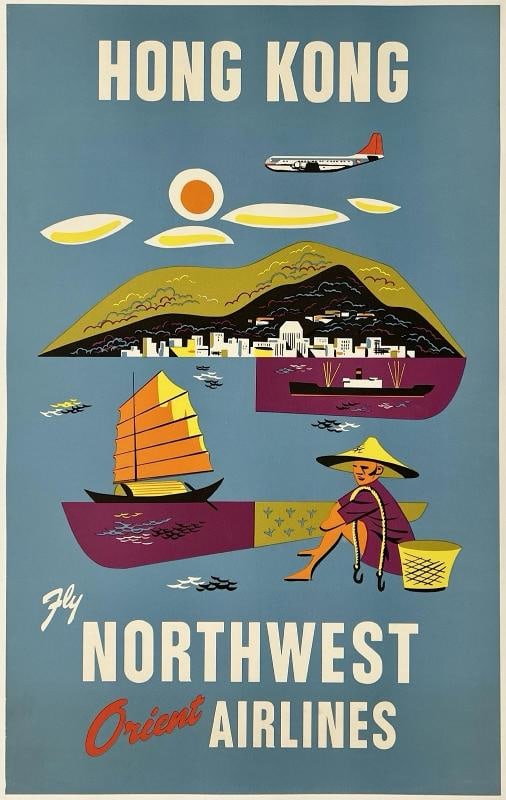Original Vintage Poster HONG KONG NORTHWEST AIRLINES Airline Travel Tourism OL (1 of 5)