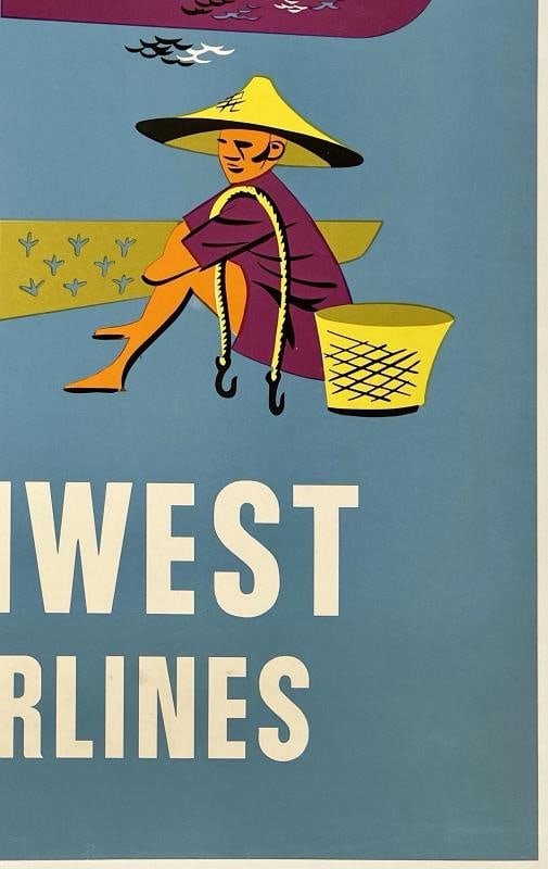 Original Vintage Poster HONG KONG NORTHWEST AIRLINES Airline Travel Tourism OL - 5
