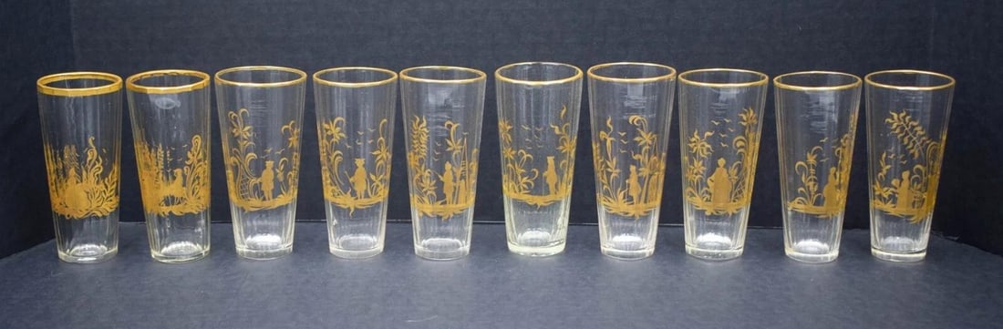 10 Rare Antique 18th/19th Century German Bohemian Gold Gild Facet Glass Tumblers: Condition: Used,Type: Tumbler Glass,Color: Clear & Gold,Product Line: Century,Country of Origin: Germany