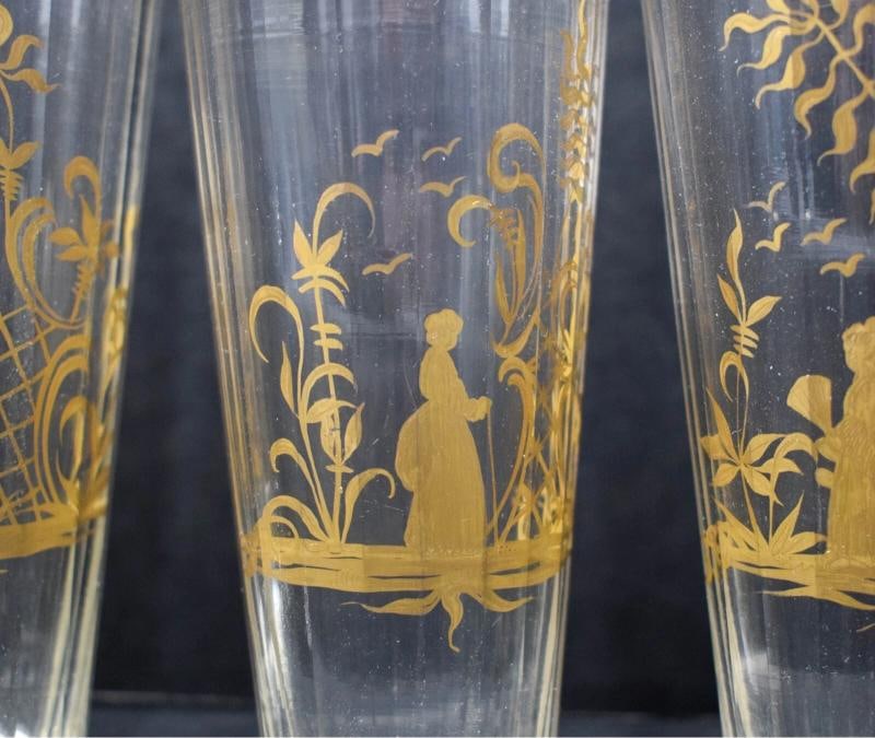 10 Rare Antique 18th/19th Century German Bohemian Gold Gild Facet Glass Tumblers - 2