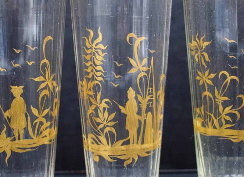 10 Rare Antique 18th/19th Century German Bohemian Gold Gild Facet Glass Tumblers - 5