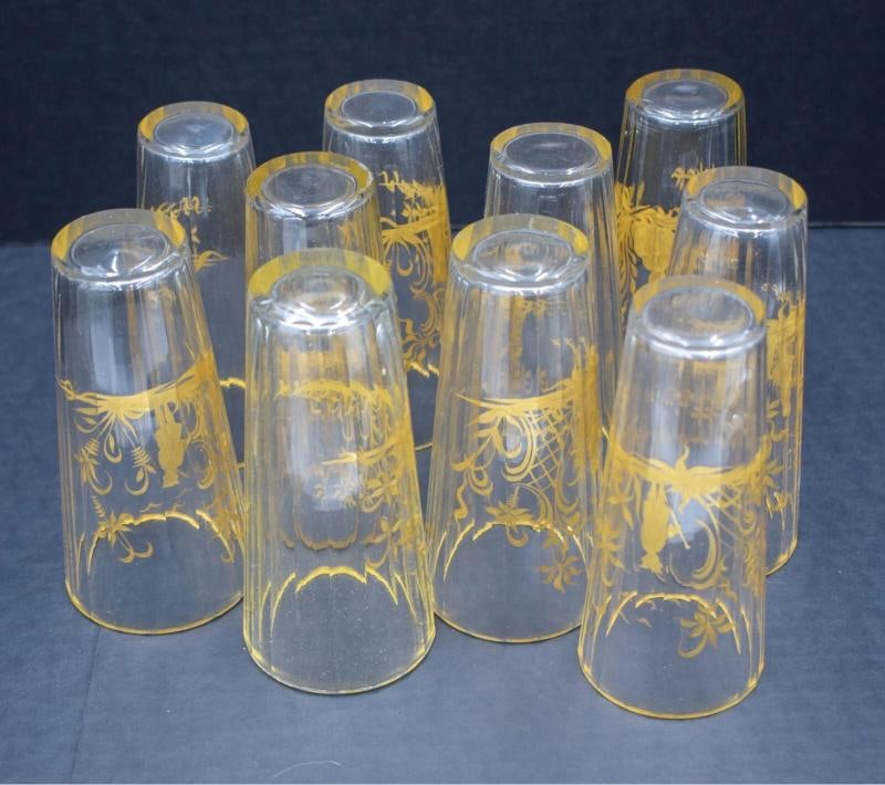 10 Rare Antique 18th/19th Century German Bohemian Gold Gild Facet Glass Tumblers - 9