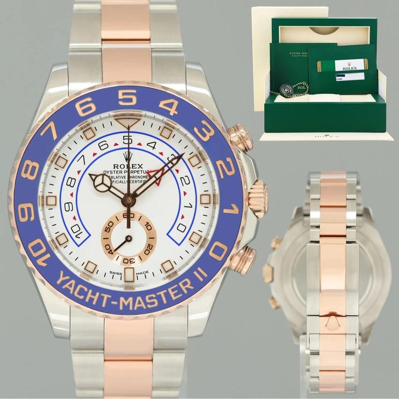 PAPERS MINT Rolex Yacht-Master II 116681 Steel Everose Gold Mercedes Hands Watch: Case & Dial Case Material: Rolex Two-Tone Rose Gold Case Size: 44mm Bezel: Rolex Blue Ceramic Crystal: Rolex Sapphire Dial: Rolex White with Regatta Chronograph Function Movement & Bracelet Movement: 