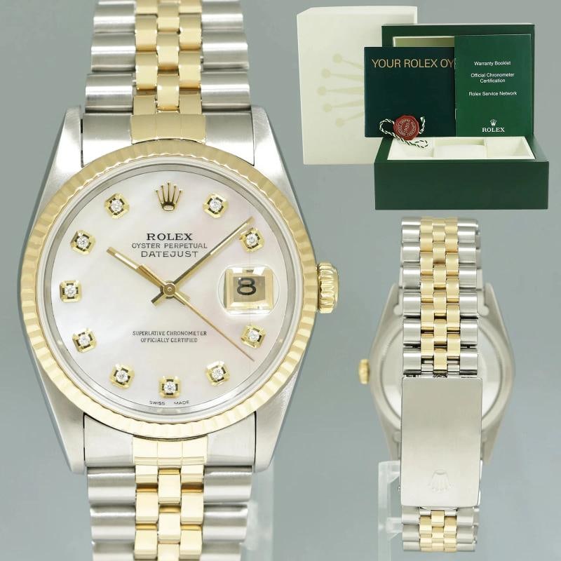 DIAMOND Pearl Rolex DateJust 16233 Two-Tone Yellow Gold Jubilee Watch Box: Condition: Pre-owned - Excellent,Brand: Rolex,Department: Unisex Adults,Type: Wristwatch,Customized: Yes,,Country of Origin: Switzerland