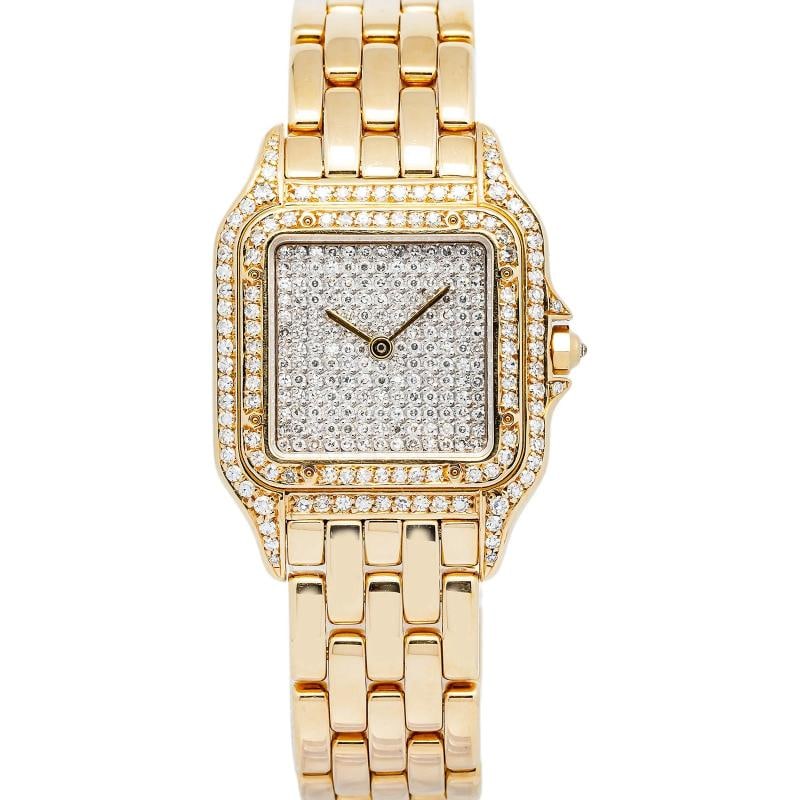 Cartier Panthere 8839 18k YG Factory Bezel Custom Pave Diamond Dial Quartz 27mm: Condition: Pre-owned - Good: This item has been gently used but is in good condition. It might have a few signs of wear, like light scratches or tarnishing. All imperfections should be shown and descr