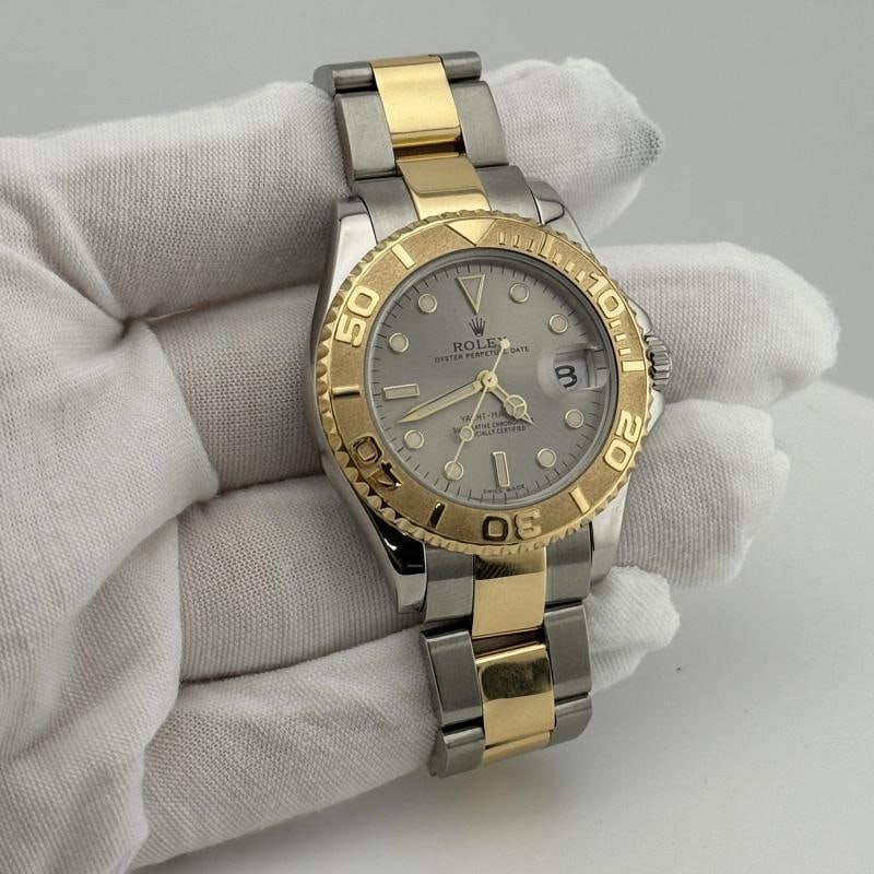 Rolex Yacht-Master Midsize 168623 35mm Silver Dial 18K Gold Steel Box Papers - 9
