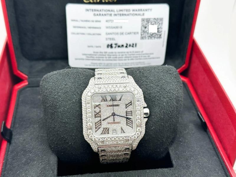 Cartier Santos Ref 4072 WSSA0018 Diamond Dial Diamond Band Case Steel Box Paper: Style Number: WSSA0018 / 4072 Year: 2021 Case Material: Stainless Steel with Custom Diamonds Band: Custom Diamond Stainless Steel Band Bezel: Custom Diamond Stainless Steel Bezel Dial: Custom Diamond 