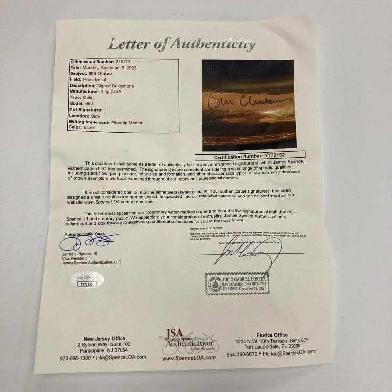President Bill Clinton Signed Autographed Saxophone With JSA COA - 3