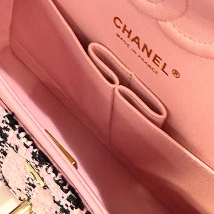 Chanel Small Classic Flap Bag Pink & Black Tweed with Gold Hardware 2025 Unworn - 10