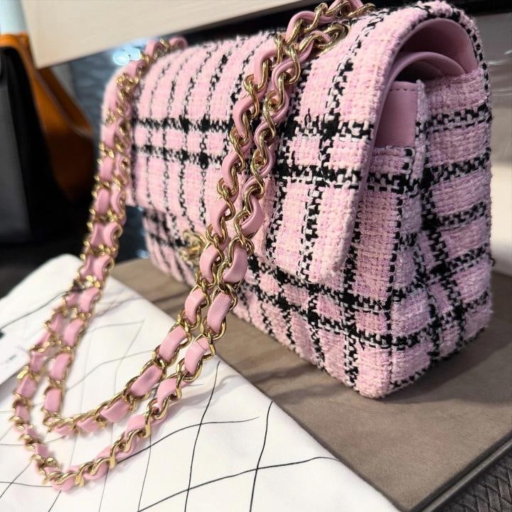 Chanel Small Classic Flap Bag Pink & Black Tweed with Gold Hardware 2025 Unworn - 7
