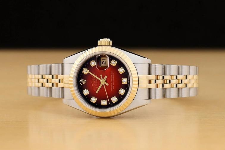 ROLEX DATEJUST 69173 RED VIGNETTE FACTORY DIAMOND 18K GOLD STEEL NO HOLES WATCH - 3