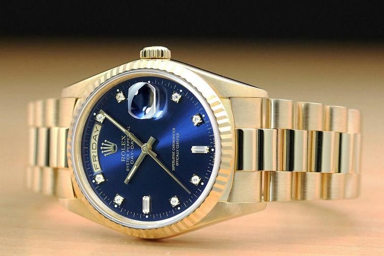 ROLEX MENS DAY DATE 18238 PRESIDENT 18K YELLOW GOLD BLUE FACTORY DIAMOND WATCH - 2