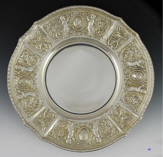 Antique c1900 European Silver Gold Wash Gilt Medallion Plate Charger 8 1/2": Type: Plate/Charger/Tray,Age: c1900,Material: Silver, gold,Region: European,Composition: 850+ purity silver,Year Made: c1900 Presented is a fabulous quality silver medallion plate with gold washed rim