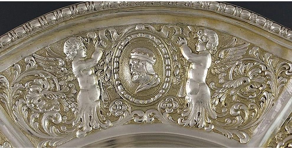 Antique c1900 European Silver Gold Wash Gilt Medallion Plate Charger 8 1/2" - 3