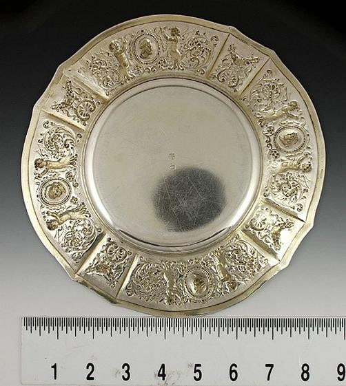 Antique c1900 European Silver Gold Wash Gilt Medallion Plate Charger 8 1/2" - 6