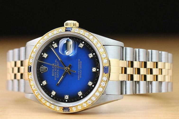 ROLEX MENS DATEJUST 16013 FACTORY DIAMOND DIAL 18K GOLD DIAMOND SAPPHIRE WATCH - 2