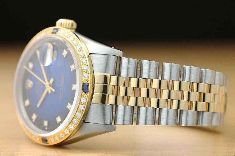 ROLEX MENS DATEJUST 16013 FACTORY DIAMOND DIAL 18K GOLD DIAMOND SAPPHIRE WATCH - 4