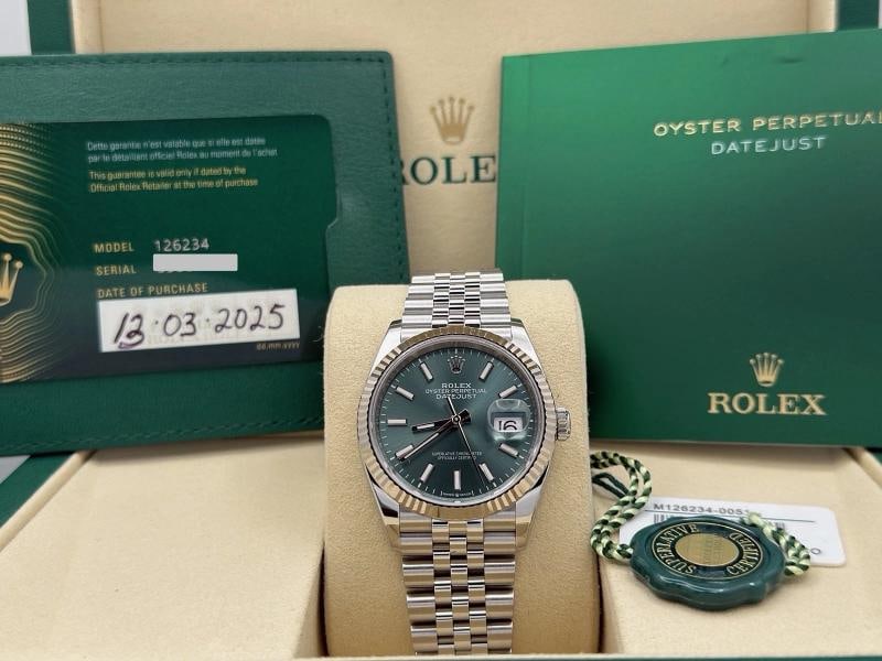 2025 Rolex Datejust 36 126234 Mint Green Dial 18k Gold Steel Jubilee Box Papers (1 of 13)