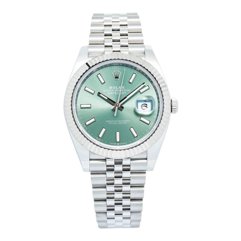 Rolex Datejust 126334 2022 Card SS Mint Green Dial Jubilee Auto Men's Watch 41mm: Case Size 41mm Wrist Fit 7.75inches Box no Papers yes Condition Ã¢â‚¬â€ Used - Like New Full Specifications Brand ROLEX Customized no Serial # D92xxxxx Gende