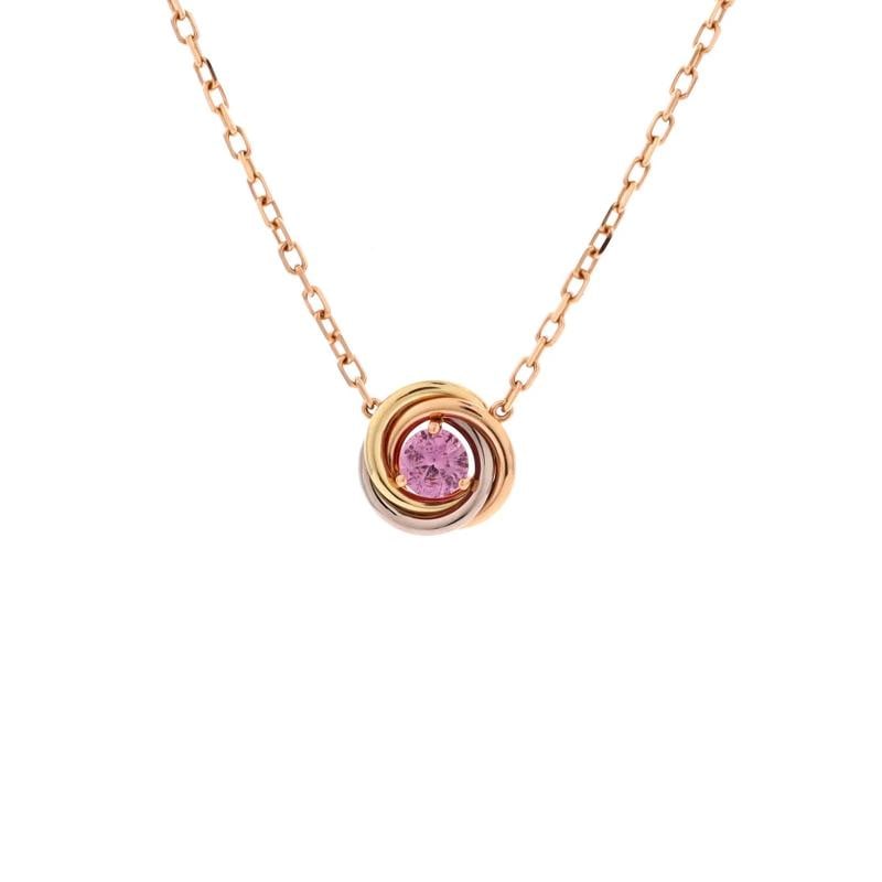 Cartier Trinity Diamond Pendant Necklace 18K Tricolor Gold and Pink Sapphire: Condition: Pre-owned - Good,Brand: Cartier,Main Stone: Sapphire, Pink,Metal: 18K Tri Colored Gold,Metal Purity: 18K,Style: Pendant,Type: Necklace,Color: Tricolor Gold,Material: Unknown