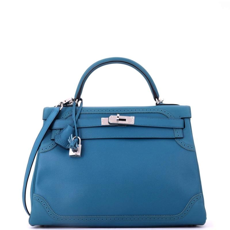Hermes Kelly Ghillies Handbag Blue Grain d'H and Swift with Palladium Hardware: Condition: Pre-owned - Good,Brand: Hermes,Exterior Material: Leather,Style: Top Handle,Exterior Color: Blue,Department: Women,Size: 32,Accessories: Lock, Keys, Dust Bag, Clochette, With Strap Conditio