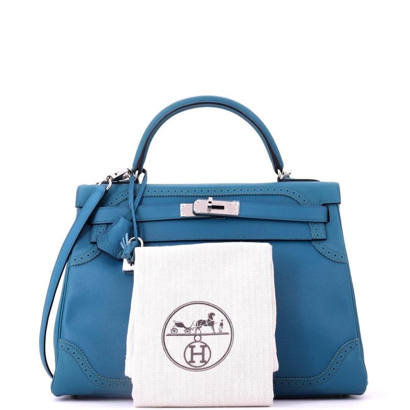 Hermes Kelly Ghillies Handbag Blue Grain d'H and Swift with Palladium Hardware - 2