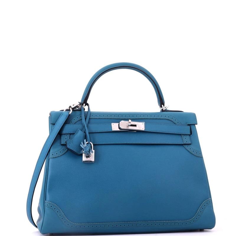 Hermes Kelly Ghillies Handbag Blue Grain d'H and Swift with Palladium Hardware - 3