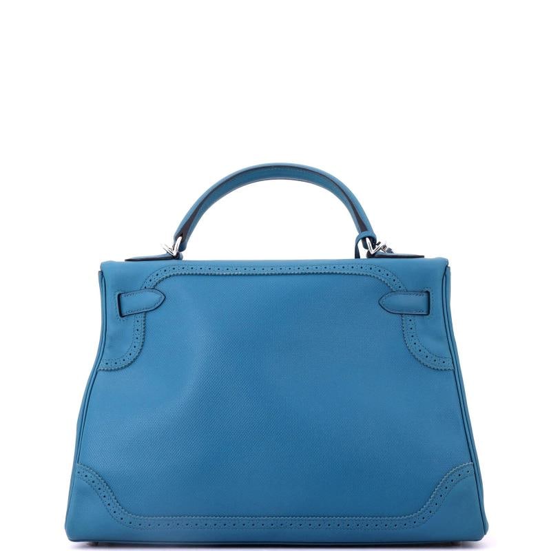 Hermes Kelly Ghillies Handbag Blue Grain d'H and Swift with Palladium Hardware - 4