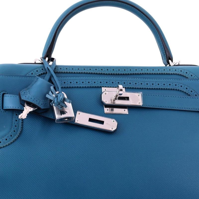 Hermes Kelly Ghillies Handbag Blue Grain d'H and Swift with Palladium Hardware - 7