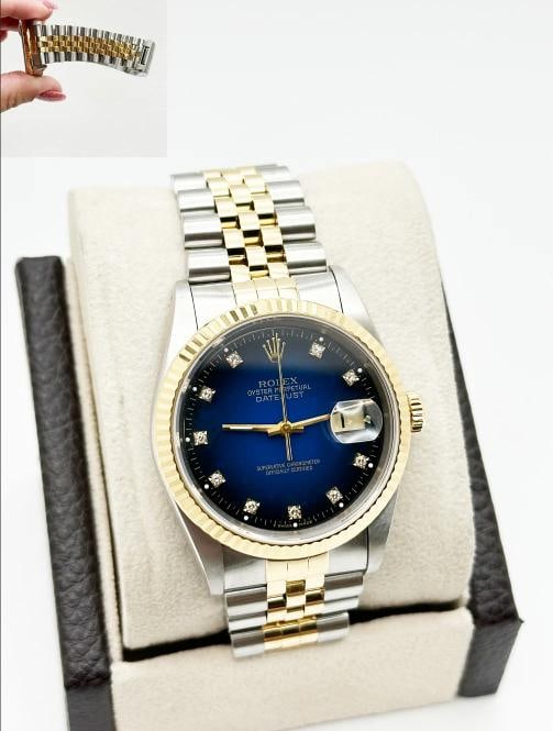 Rolex Datejust 16233 Blue Vignette Diamond Dial 18K Yellow Gold Steel 36mm: Style Number: 16233 Serial: L459*** Year: 1989 Model: Rolex Datejust Case Material: Stainless Steel Band: 18K Yellow Gold & Stainless Steel Bezel: 18K Yellow Gold Dial: Original Blue Vignette Diamond 