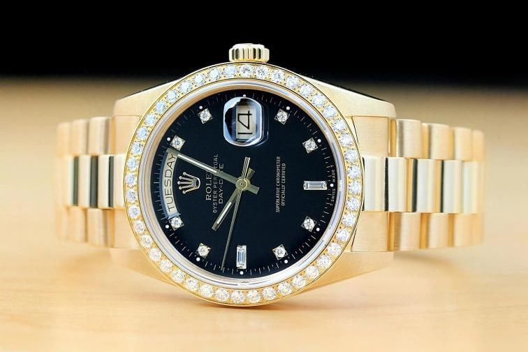 ROLEX DAY-DATE 18038 BLACK FACTORY DIAMOND 18K GOLD PRESIDENT 1.6 CT BEZEL WATCH - 3
