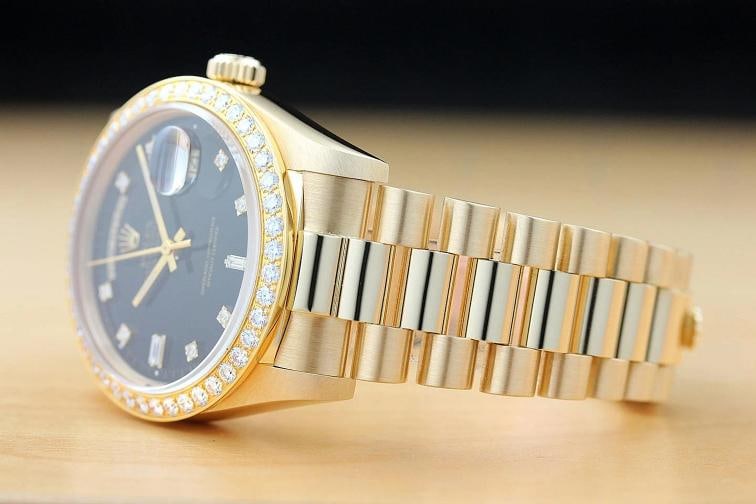 ROLEX DAY-DATE 18038 BLACK FACTORY DIAMOND 18K GOLD PRESIDENT 1.6 CT BEZEL WATCH - 4