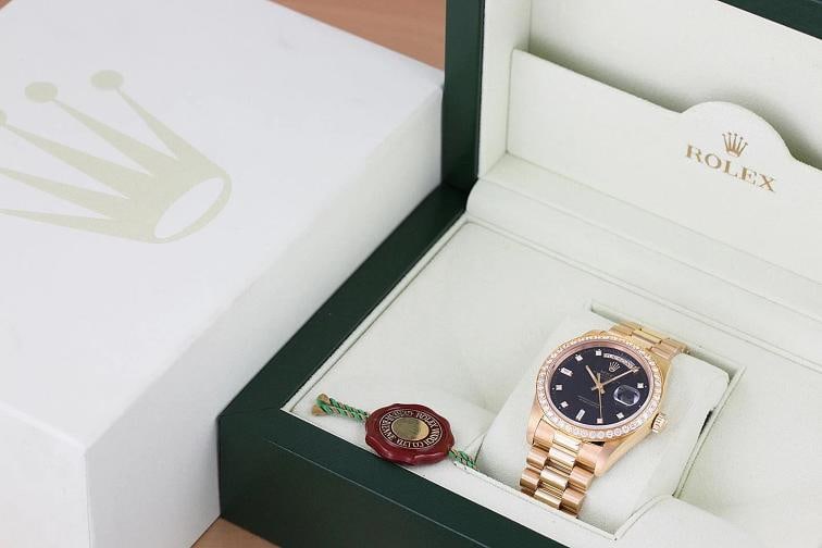 ROLEX DAY-DATE 18038 BLACK FACTORY DIAMOND 18K GOLD PRESIDENT 1.6 CT BEZEL WATCH - 7