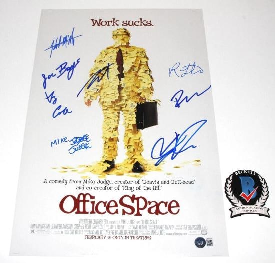 OFFICE SPACE CAST SIGNED MOVIE POSTER BECKETT COA MIKE JUDGE RON LIVINGSTON x8: Industry: Movies,Movie: Office Space,Autograph Authentication: Beckett,Object Type: Poster,Original/Reproduction: Original,Country of Origin: United States